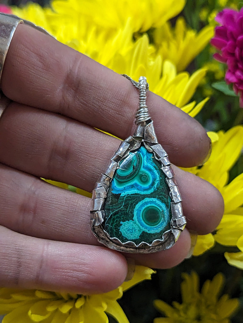 Chrysocolla Gem Silica Malachite Sterling Silver Handmade Necklace