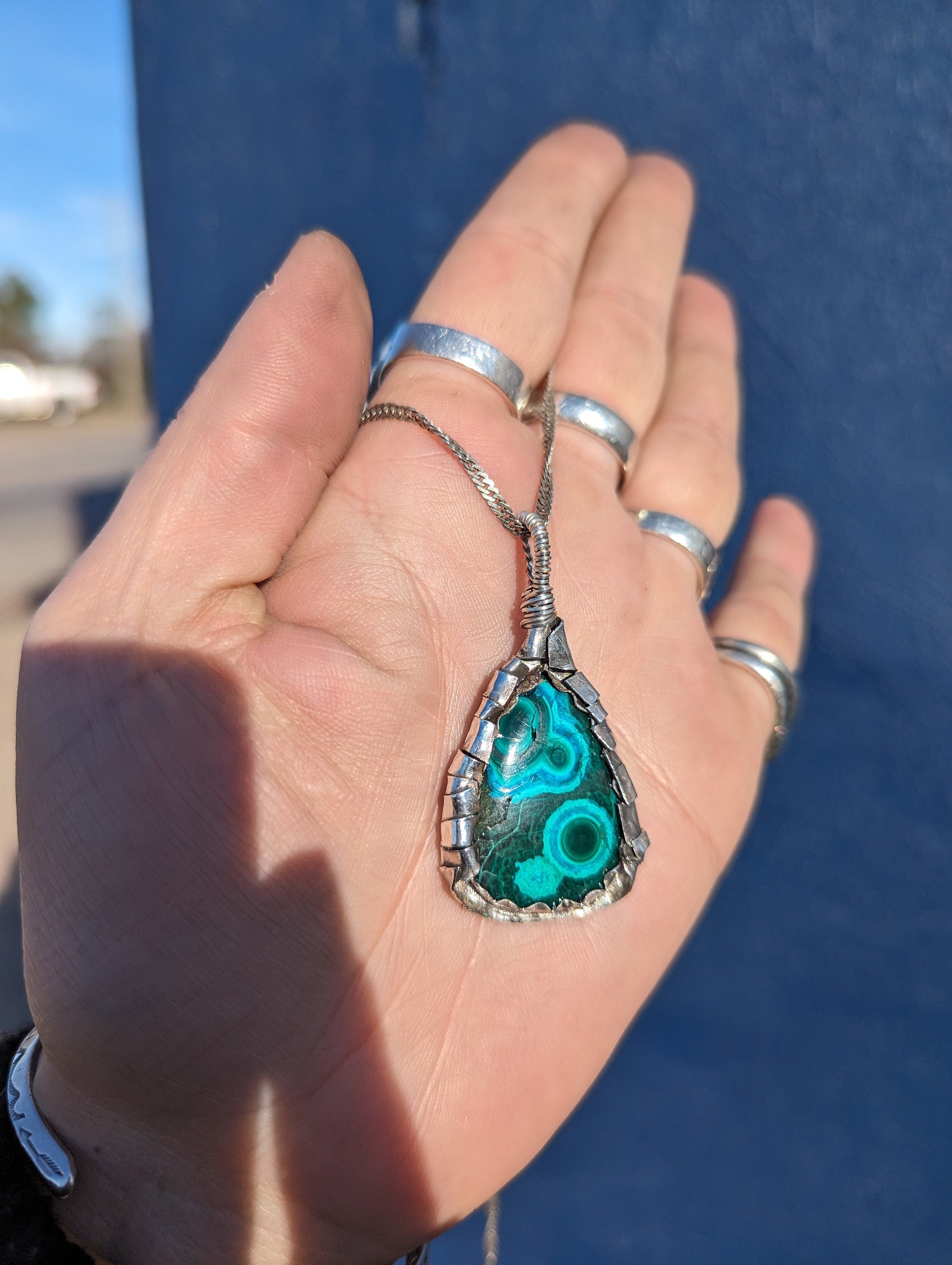 Chrysocolla Gem Silica Malachite Sterling Silver Handmade Necklace