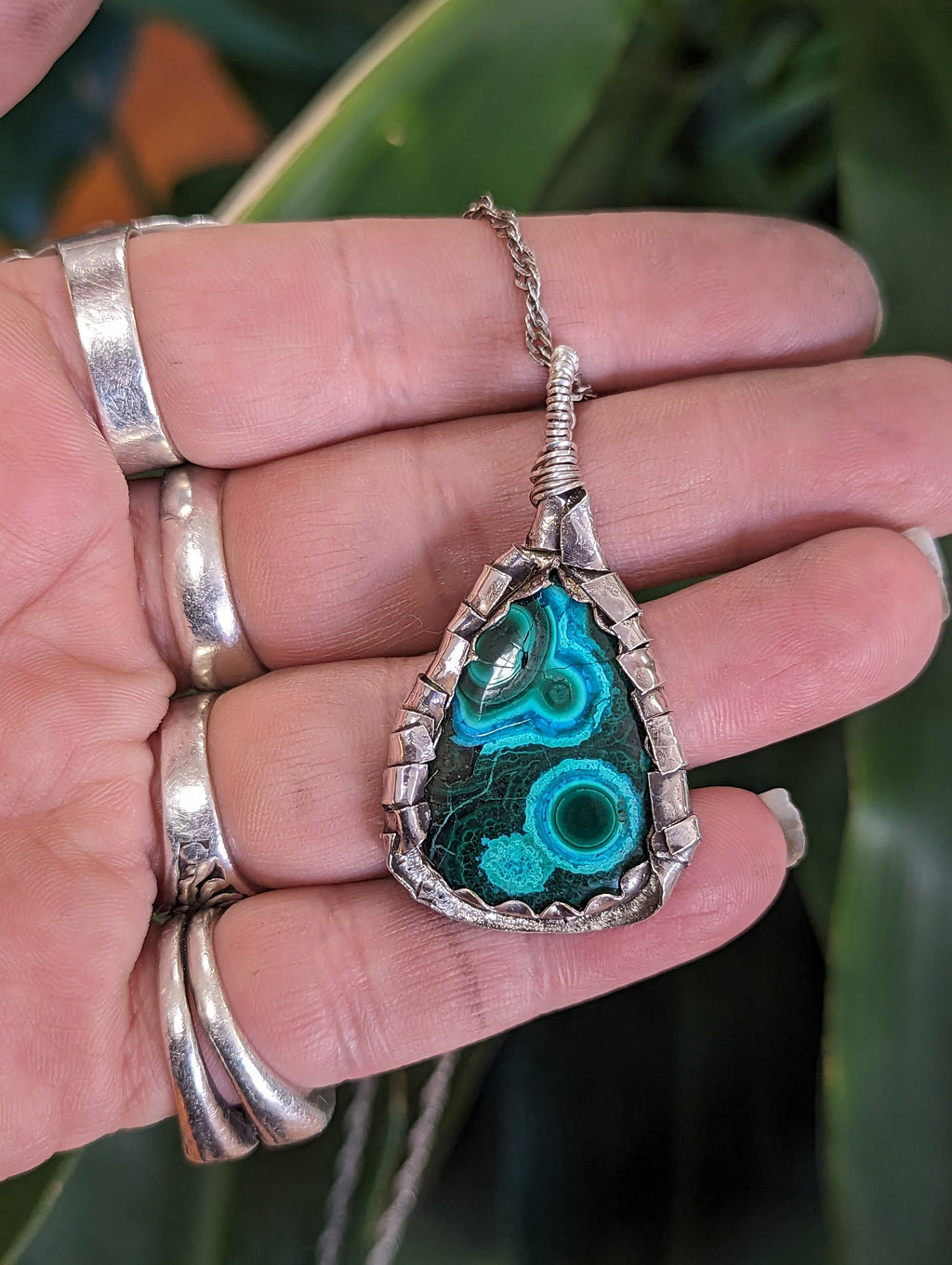 Chrysocolla Gem Silica Malachite Sterling Silver Handmade Necklace
