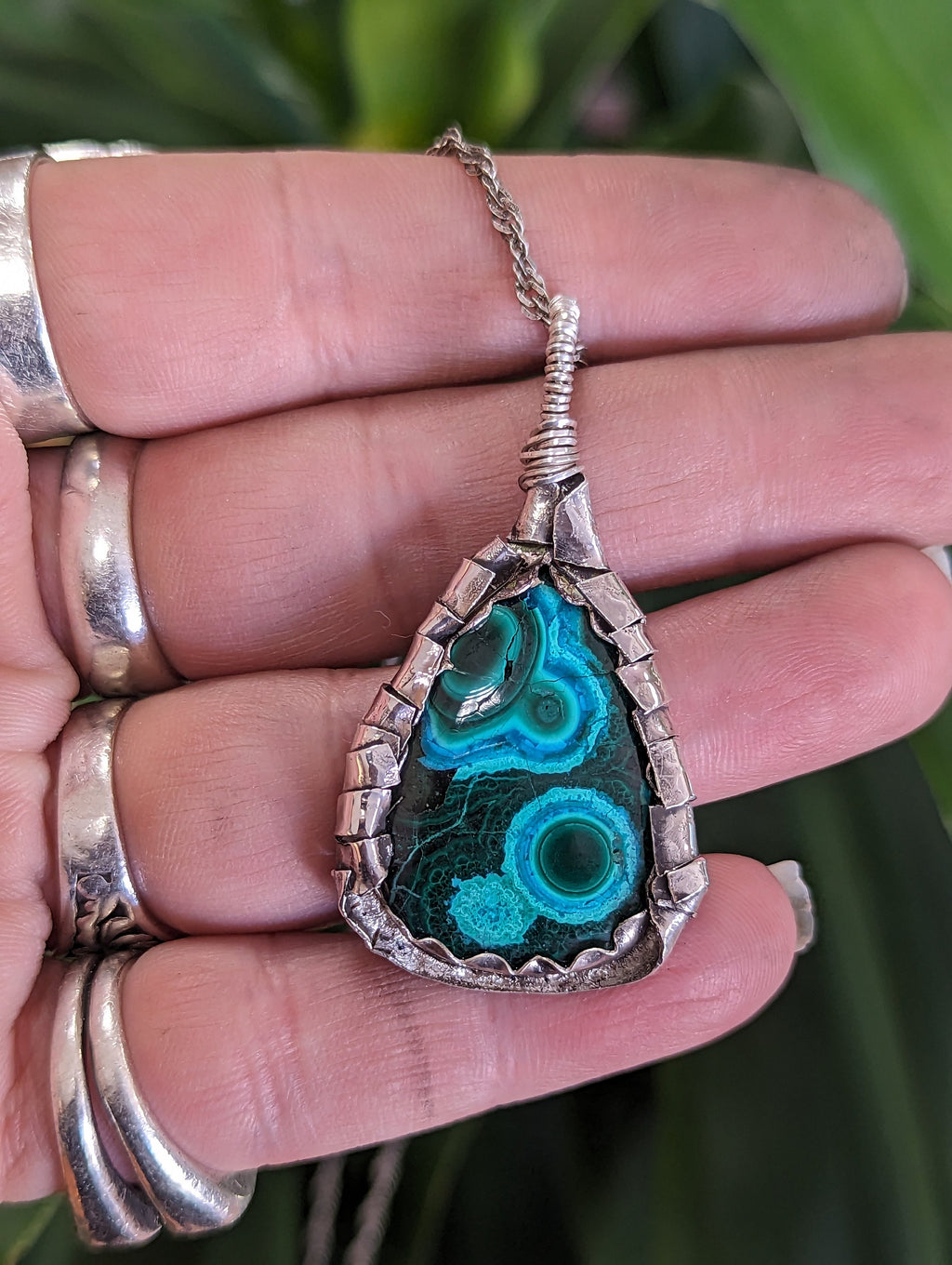 Chrysocolla Gem Silica Malachite Sterling Silver Handmade Necklace