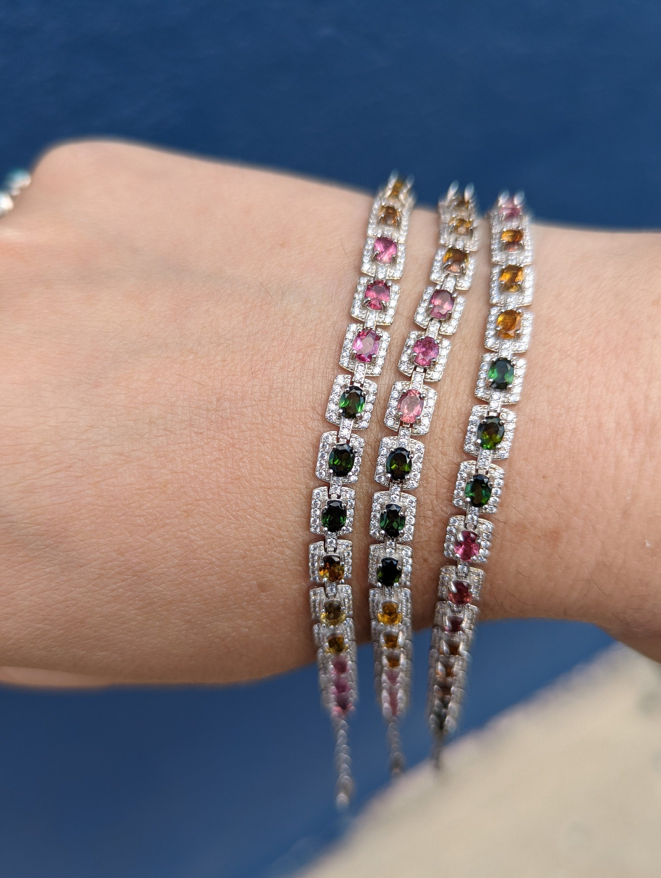 Sterling Silver Tourmaline and CZ Bracelet