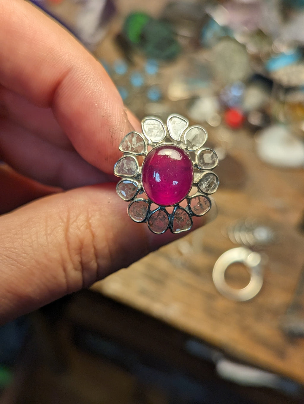 Epic Diamond Slices and Ruby Flower Sterling Silver Ring size 7