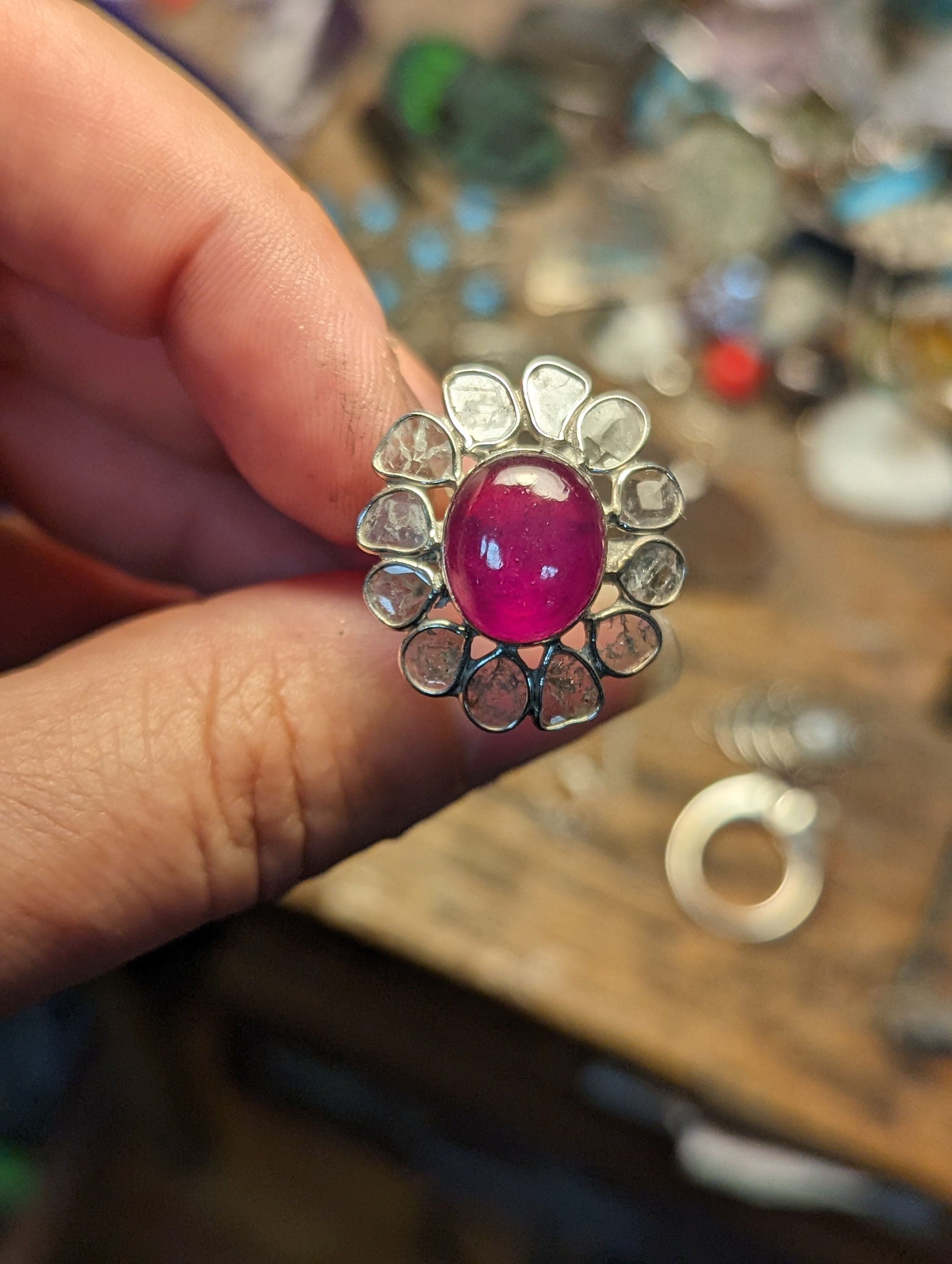 Epic Diamond Slices and Ruby Flower Sterling Silver Ring size 7