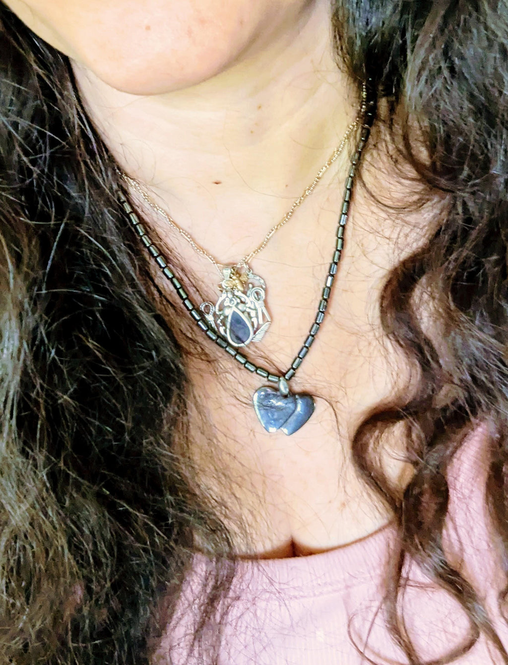 Hematite Double Twin Heart Beaded Necklace
